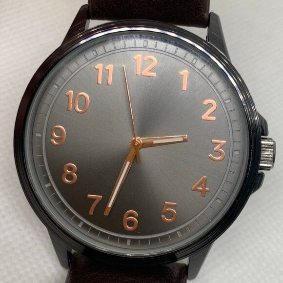 FMD men watch 45mm quartz analog black tone dial brown leather band running - Picture 3 of 8